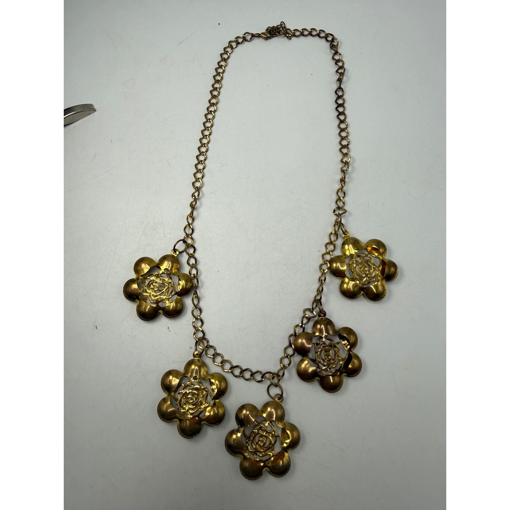 Gold Tone Rose Flower Statement Necklace Large Floral Charm Link Chain 22 Inch